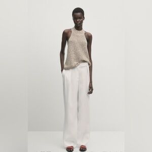 Massimo Dutti 100% Linen Off-White Wide-Leg Women's Pants/Trousers